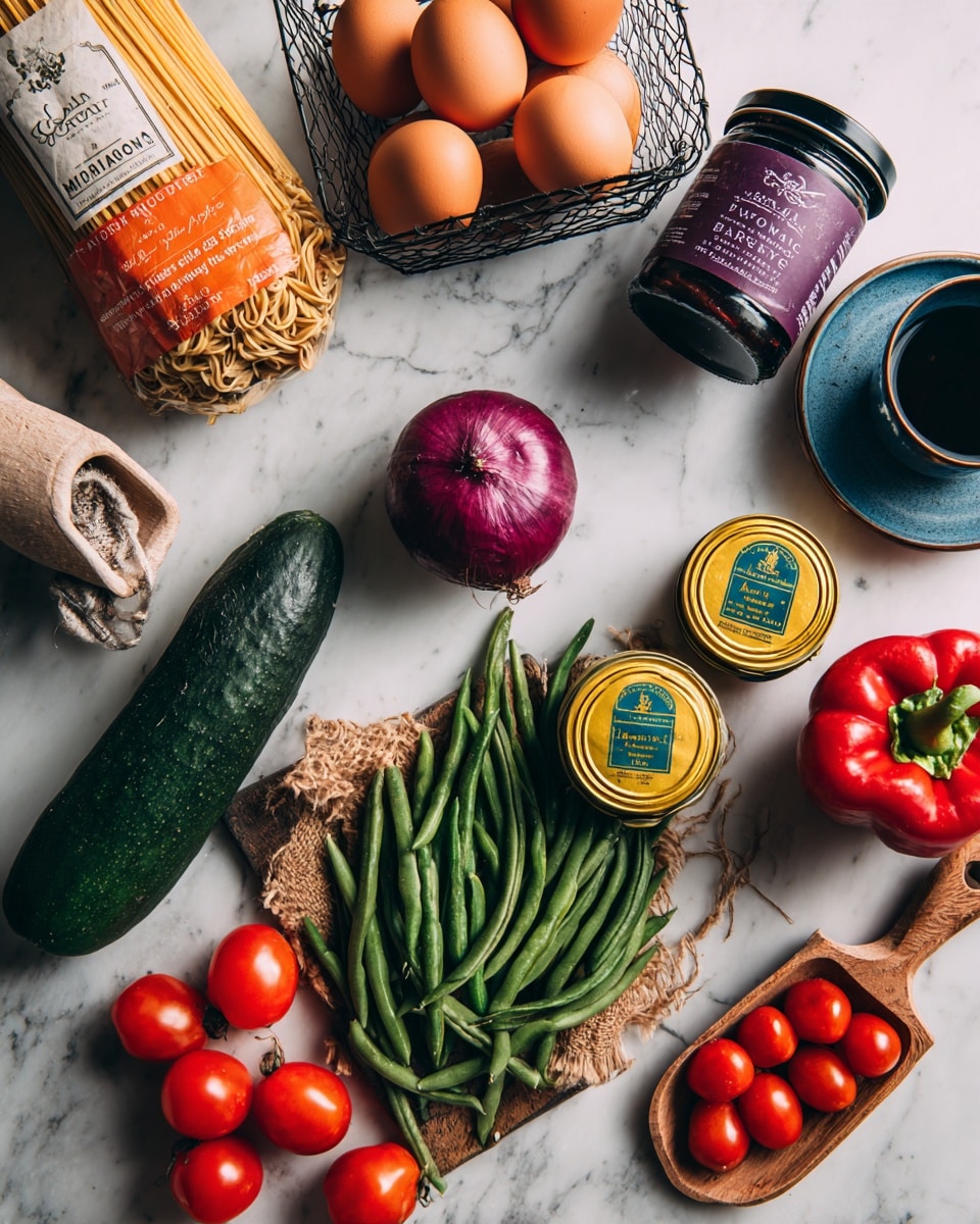 A collection of fresh ingredients arranged on a white marbled surface includes a dark green cucumber placed horizontally near the center, a red onion with a purple outer layer, a bright red bell pepper with a green stem on the right, and a cluster of shiny red cherry tomatoes in the lower left. There are two round yellow tins with green labels stacked closely together near the center right, next to a wooden scoop filled with fresh green beans that spill out slightly. A wire basket in the upper left corner holds brown eggs, and a bag with orange and black packaging of Garofalo Mafaldini pasta lies next to the basket. A dark jar with a purple lid and label is positioned above the pasta. A dark blue ceramic cup and saucer with a white inside are placed in the top right corner. Photo taken with an iphone --ar 4:5 --v 7