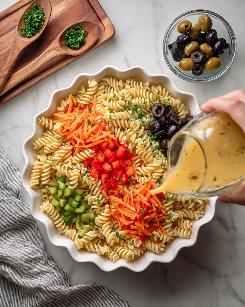 A white scalloped bowl holds a pasta salad with three layers: the bottom layer is light yellow rotini pasta, the middle layer is chopped green bell peppers and shredded orange carrots, and the top layer includes sliced black olives and chopped red bell peppers mixed with finely chopped green herbs. A light yellow dressing is being poured over the salad from a clear glass container held by a woman's hand. In the background, a small glass bowl with more black olive slices and some green parsley leaves rest on a white marbled surface, along with wooden serving spoons and a gray striped cloth. photo taken with an iphone --ar 4:5 --v 7