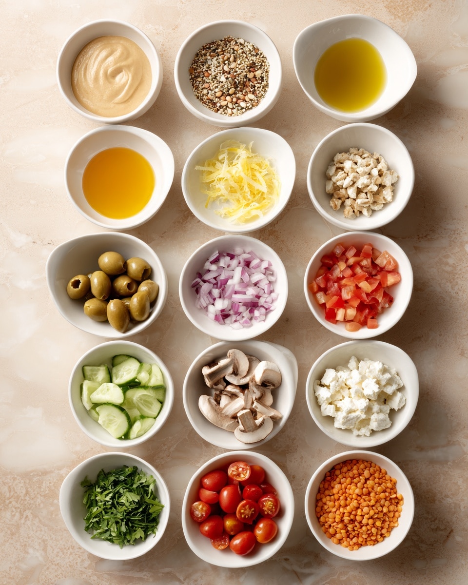 A collection of 15 small white bowls arranged neatly on a soft brown surface, each containing different chopped or whole ingredients. The top row has four bowls with light beige sauce, yellow mustard, finely chopped white onion, and a mix of seeds. Below, there is a row of grated lemon peel, honey-colored liquid, thick yellow sauce, and golden oil. The middle section features bowls filled with diced olives, finely chopped red onion, radish slices, and chopped red tomatoes. Near the bottom are white bowls with chopped green cucumber, chopped mushrooms, fresh green herbs, and creamy white cheese in a small bowl. The lowest row has halved red cherry tomatoes and cooked golden lentils. The bowls vary in size, neatly spaced on a white marbled surface. Photo taken with an iphone --ar 4:5 --v 7