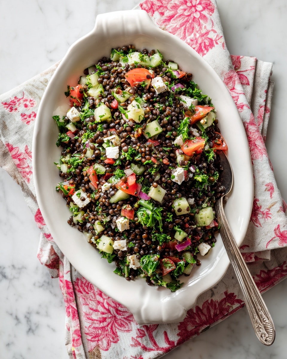 A white oval dish holds a salad made of many small black lentils mixed with bright green chopped parsley and other leafy greens. There are also small pieces of red tomato and light green cucumber scattered throughout, along with small chunks of white cheese. The colors are fresh and natural, with a mix of dark black, bright green, red, and white textures evenly spread in the dish. The dish is placed on a white marbled surface with a cloth underneath that has a pink floral pattern. photo taken with an iphone --ar 4:5 --v 7