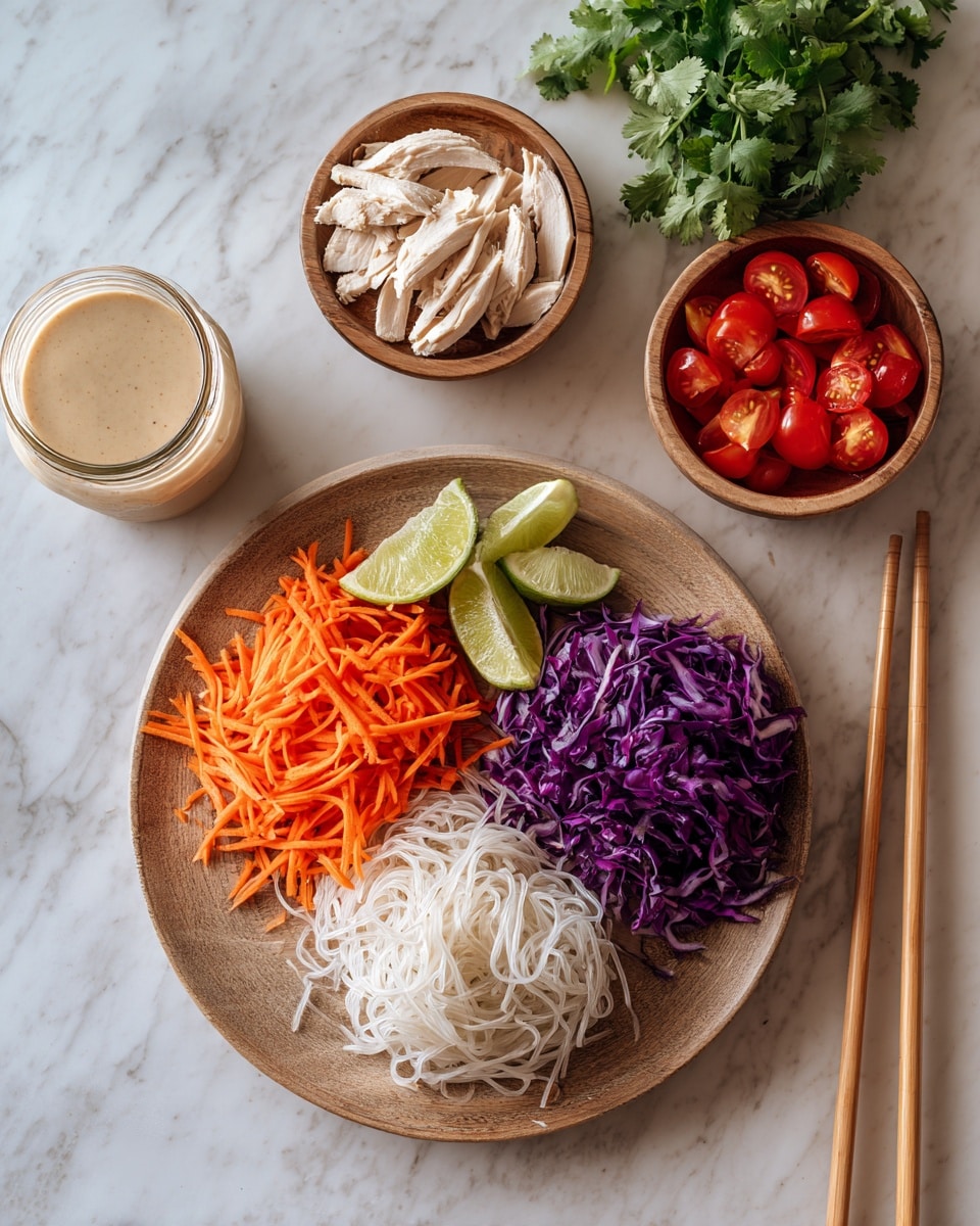 A round wooden plate holds three sections of food: bright orange shredded carrots on the left, thinly sliced purple cabbage on the right, and translucent white noodles at the bottom. Above the plate are two lime wedges placed slightly overlapping on a white marbled surface. To the left of the plate, a glass jar filled with a light brown creamy dressing is seen from above. Below the jar is a small wooden bowl with neatly arranged slices of cooked chicken in light beige and white tones. Further down, another small wooden bowl is filled with halved red cherry tomatoes and chopped white and green scallions. At the bottom right, a pair of light brown wooden chopsticks lies on the white marbled background, with a small bunch of green cilantro leaves to the left near the bowls. Photo taken with an iphone --ar 4:5 --v 7