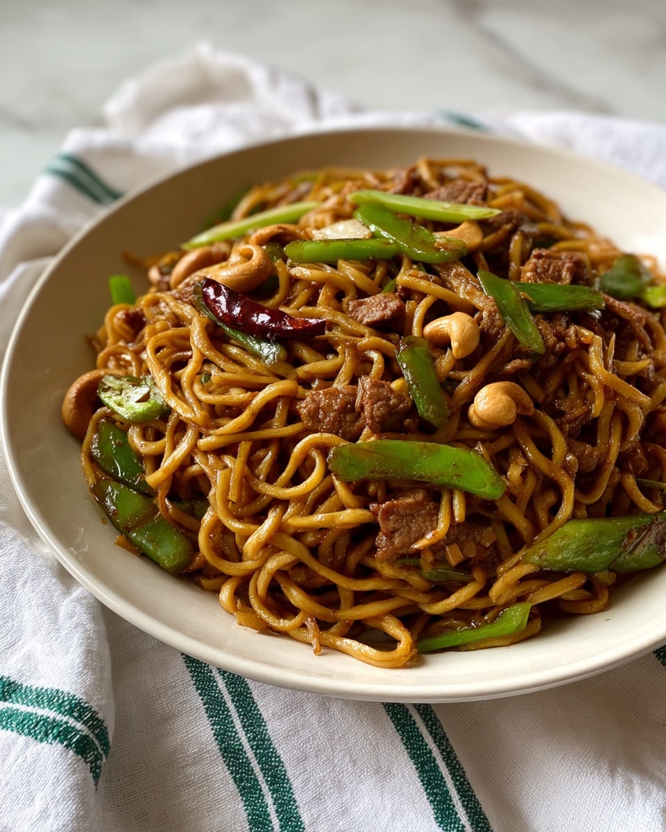 A white plate filled with stir-fried noodles that are a rich brown color from sauce, mixed with green bell pepper pieces, small bits of cooked light brown meat, dried red chili slices, and whole cashew nuts. The noodles are thick and twisted, sitting on top of a white cloth with green stripes, placed on a white marbled surface. photo taken with an iphone --ar 4:5 --v 7