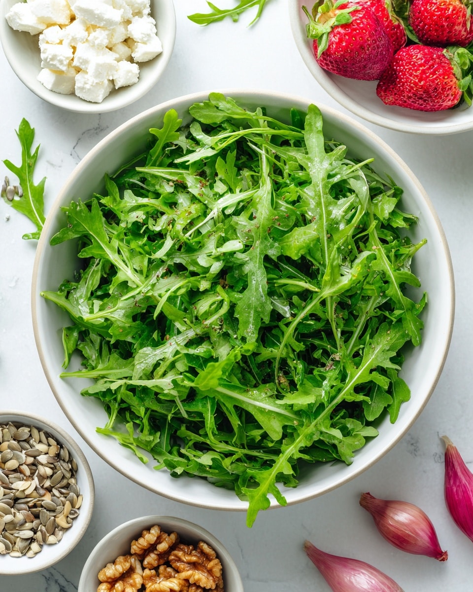 A white bowl filled with fresh bright green arugula leaves, showing their distinct jagged edges and leafy texture. Around the bowl are small white bowls containing white crumbled cheese, small beige sunflower seeds, and light brown walnut halves. There is a partially visible white bowl with red strawberries on the side and two small shallots with their pinkish skin near the bottom edge. The items rest on a white marbled surface giving a clean and bright background. photo taken with an iphone --ar 4:5 --v 7