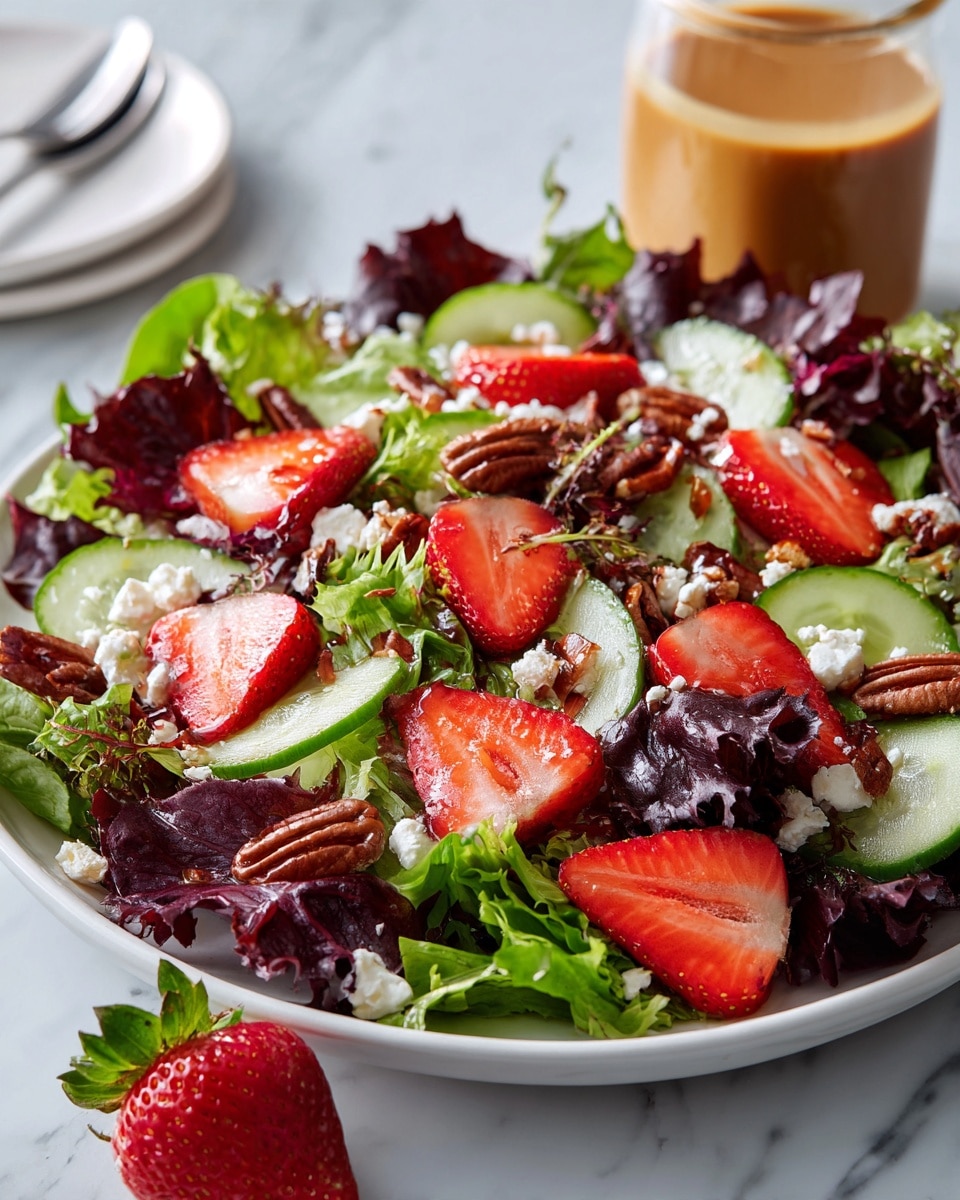 A large white plate filled with a fresh salad showcases a base layer of mixed green lettuce and dark purple leafy greens, topped evenly with bright red sliced strawberries. Thin, slightly curved cucumber slices are spread on top, mingling with pieces of small, white crumbly cheese. Scattered throughout are crunchy brown pecan halves, adding texture. A whole strawberry rests near the bottom edge of the plate on a white marbled surface, and a glass jar with a thick, light brown dressing sits in the background. The image is bright and colorful, highlighting the fresh and natural look of the salad. photo taken with an iphone --ar 4:5 --v 7