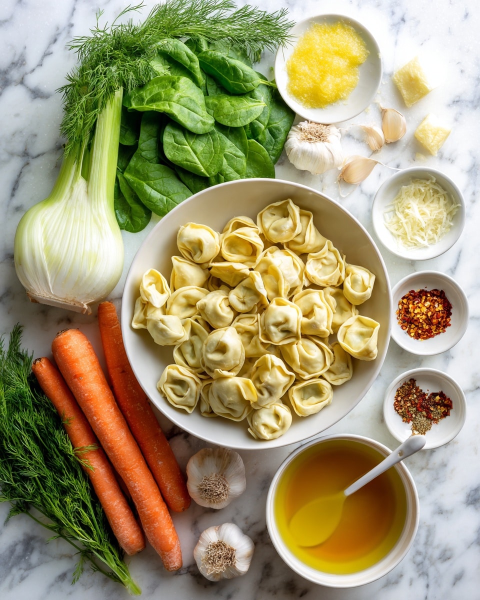 A white bowl filled with round, folded tortellini pasta sits near fresh bright orange carrots, long green celery stalks, and a bulb of fennel with white layers and green fronds, all on a white marbled surface. Above the bowl are fresh green spinach leaves, sprigs of dill, and a small white plate holding a yellow lemon and grated zest. Nearby, a white plate holds a small bowl of golden olive oil, two peeled garlic cloves, a pinch of red pepper flakes, a wedge of hard cheese, and a small half onion. Below the plate is a white bowl of golden broth with a white spoon resting inside. The overall scene is bright and fresh, arranged neatly with natural colors and textures, photo taken with an iphone --ar 4:5 --v 7