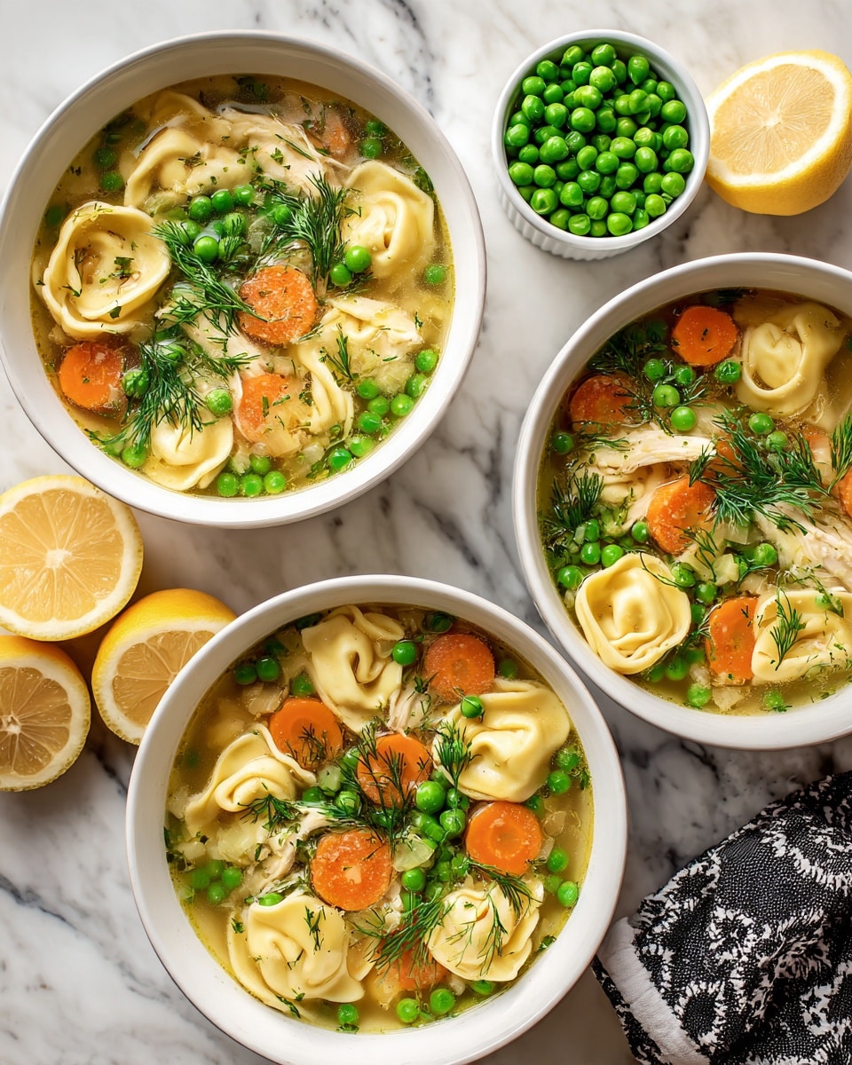 The image shows three white bowls of clear broth soup filled with three layers of ingredients: the top layer has bright green peas scattered across the broth, the middle layer contains orange carrot slices and fresh green dill, and the bottom layer holds light tan tortellini pasta and shredded light brown chicken pieces. Around the bowls are two lemon halves, one whole lemon wrapped in a black and white cloth, and a small white cup filled with frozen green peas, all on a white marbled surface. The colors are warm and fresh with a cozy, homemade feel. Photo taken with an iphone --ar 4:5 --v 7