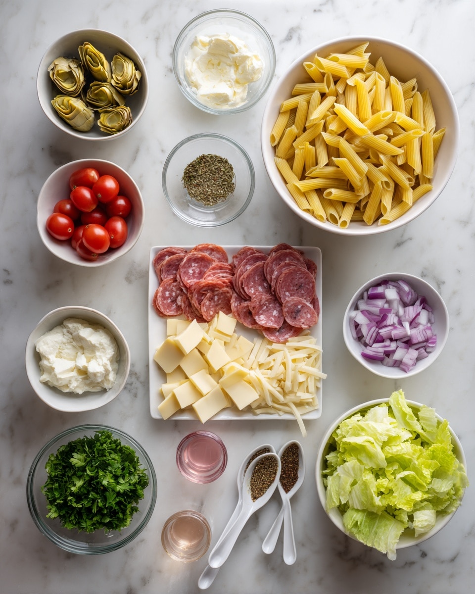 The image shows multiple white bowls and plates with different ingredients on a white marbled surface. Starting at the top right, there is a large white bowl filled with dry yellow penne pasta. To its left, a small white bowl holds green artichoke hearts. Below are three small white bowls holding white creamy sauce, chopped purple onions, and halved cherry tomatoes placed from left to right. In the middle of the composition, a square white plate has various sliced deli meats in red and pink shades and pale yellow cheese slices arranged in sections. Two small glass bowls with dried herbs and a pinkish liquid, likely vinegar, sit nearby. At the bottom left, a small clear bowl contains fresh green chopped parsley. A white bowl with bright green chopped lettuce is nearby. Several white ceramic spoons hold light brown and dark green spices. The entire setup looks ready for a colorful pasta or salad assembly. Photo taken with an iphone --ar 4:5 --v 7