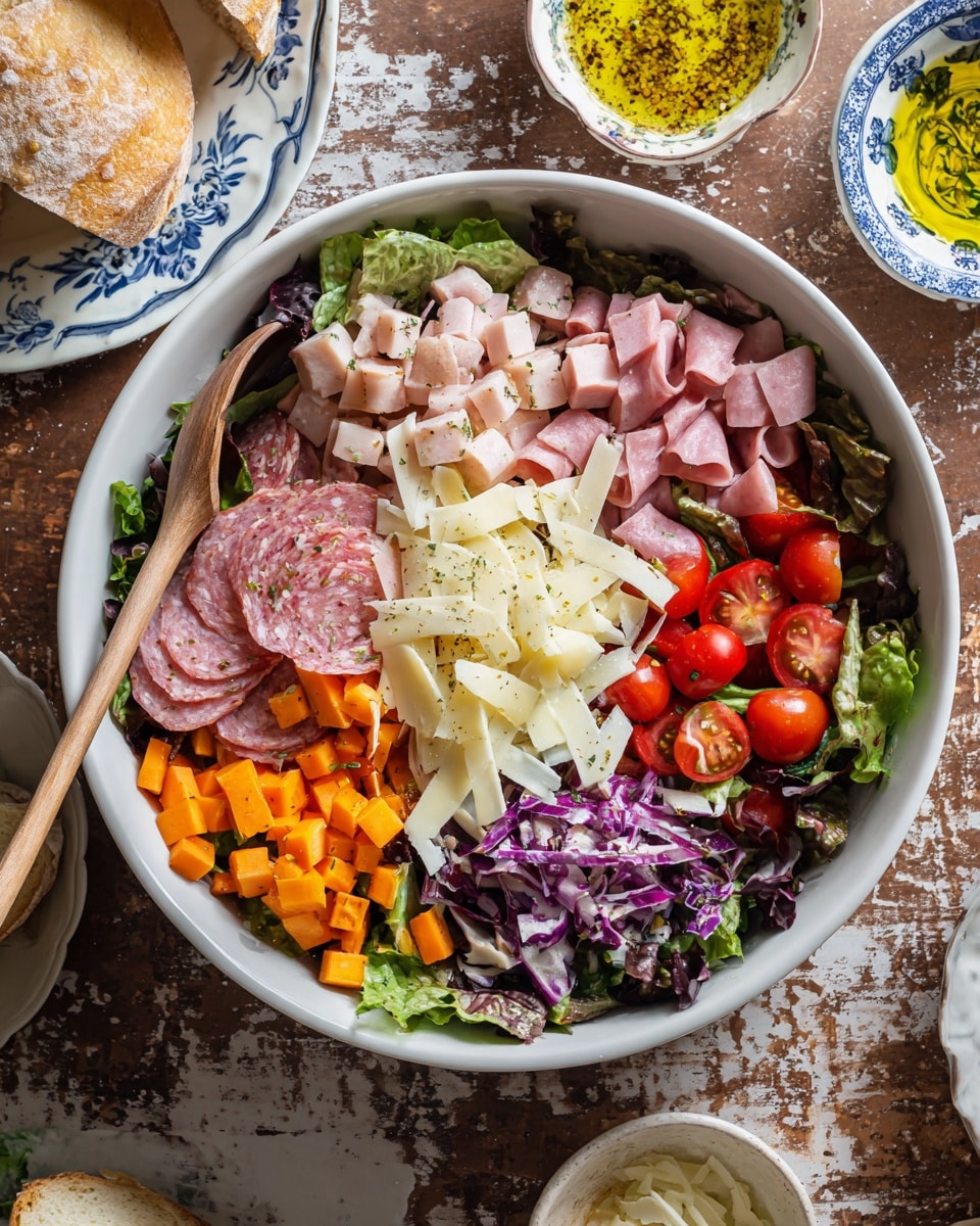 A large white bowl filled with a colorful chopped salad showing multiple layers: the base is mixed green and purple leafy lettuce, scattered with halved bright red cherry tomatoes and light orange carrot pieces. There are thin slices of pink ham, red salami, pale yellow cheese chunks, and white shaved cheese layered evenly throughout. Everything is seasoned lightly with black pepper and herbs. A wooden spoon sits in the bowl on the left side. The bowl is placed on a brown wooden surface with a white marbled texture, with a plate of sliced bread and a blue-and-white patterned dish with yellow oil and spices nearby. Photo taken with an iphone --ar 4:5 --v 7