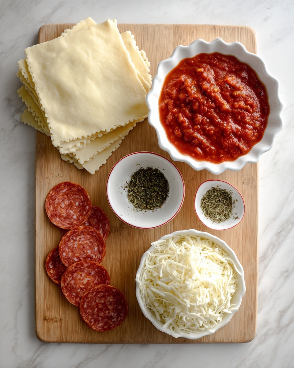 The image shows ingredients for making a pizza on a light wooden cutting board placed on a white marble surface. There is a stack of pale yellow square dough sheets at the top left. To the right, a white scalloped bowl holds bright red tomato sauce with a chunky texture. Below the sauce, a small white bowl with a red rim contains dried green herbs. At the bottom left, there are four round slices of pepperoni arranged in two rows. At the bottom right, a white scalloped bowl is filled with shredded white cheese. A woman's hand is not visible in this image. Photo taken with an iphone --ar 4:5 --v 7