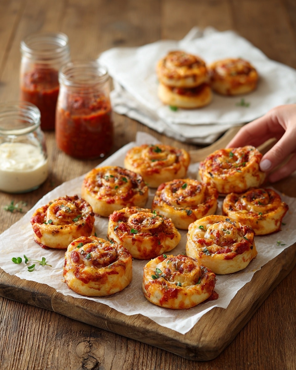 The image shows two rows of nine small pizza pinwheels arranged neatly on white parchment paper placed on a wooden cutting board. Each pinwheel has a golden-brown crust with swirls of melted cheese and tomato sauce, topped with small green herb bits. Behind the cutting board, there is a white parchment paper with a small stack of more pinwheels. To the left, there are two small glass jars, one filled with a red sauce and the other with a white sauce. The background is a warm wooden surface with a woman's hand holding one jar. The overall setting is cozy and inviting with a slight rustic style. photo taken with an iphone --ar 4:5 --v 7