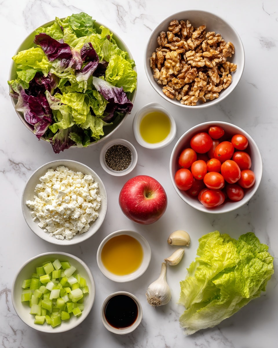 A top-down view of various salad ingredients arranged neatly on a white marbled surface in separate white bowls: a bowl of mixed green and purple lettuce leaves at the top left; to its right, a bowl filled with chopped walnuts; below the lettuce, a bowl of bright red grape tomatoes; next to it, a whole red apple placed directly on the surface; below the apple, a bowl with crumbled white cheese; to the bottom left, a bowl with light green chopped celery; small bowls and containers holding light brown mustard, golden oil, dark balsamic vinegar, a small pile of black pepper, and two peeled garlic cloves are spaced evenly throughout the scene, all set on the white marbled background. photo taken with an iphone --ar 4:5 --v 7