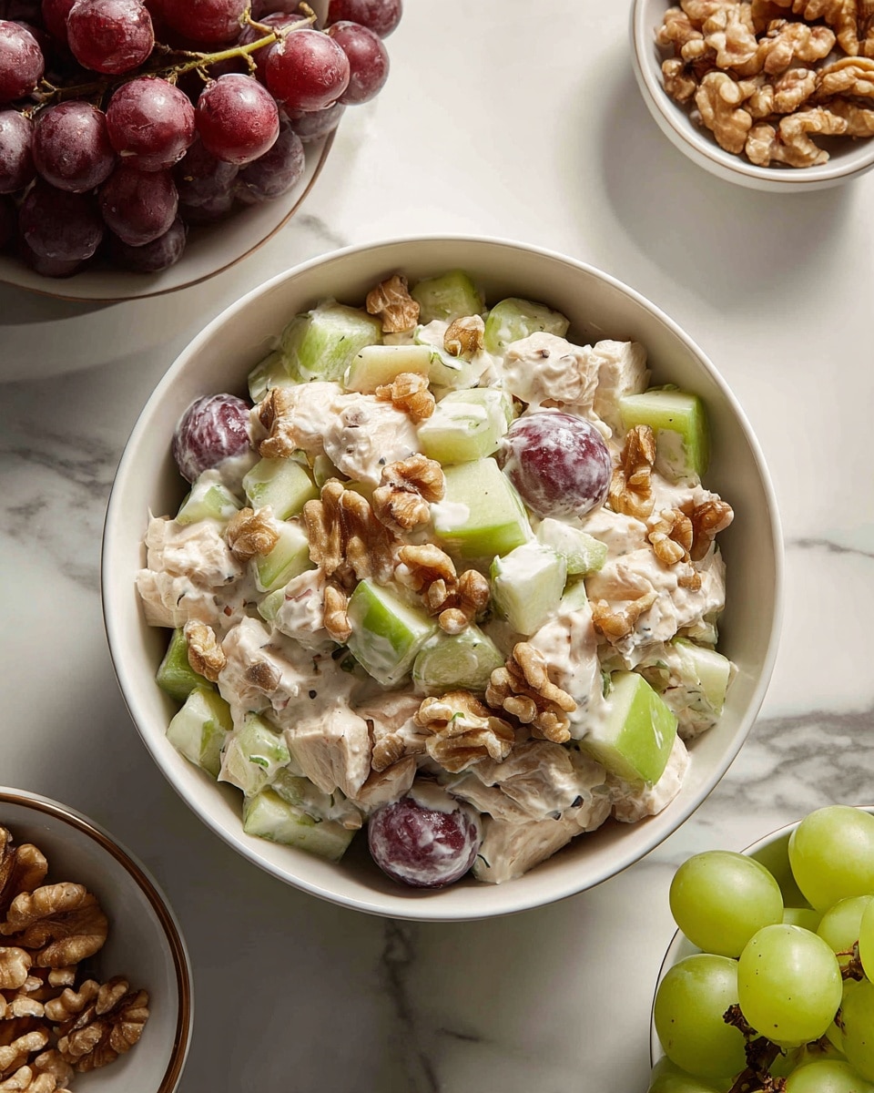The image shows a bowl filled with a creamy chicken salad mixed with chopped green celery, white apple pieces, halved purple grapes, and light brown walnut pieces, all coated in a thick white dressing. The bowl is white and sits on a white marbled surface, surrounded by small bowls of extra grapes, celery, and walnuts. The salad’s textures include the smooth creaminess of the dressing, the crunchiness of celery and walnuts, and the softness of grapes and apples. Photo taken with an iphone --ar 4:5 --v 7