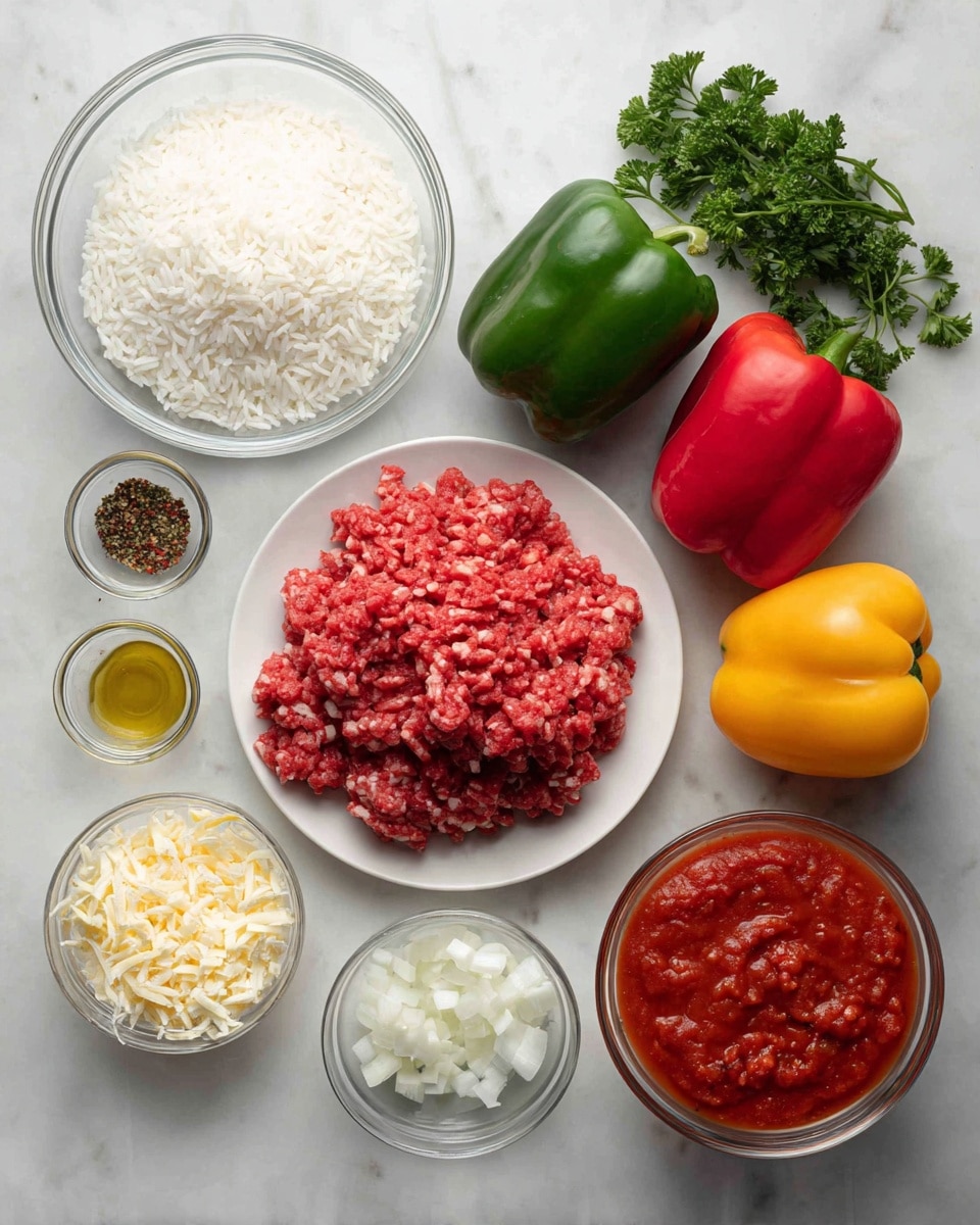 The image shows many ingredients on a white marbled surface. There is a clear glass bowl with white cooked rice on the top left. In the center, there is a white plate full of raw ground red meat, showing a crumbly texture. At the top right, there are six whole bell peppers in three colors: green, red, and yellow, with a bunch of fresh green parsley next to them. On the bottom right, there is a clear glass bowl filled with chunky red tomato sauce. Below the meat plate, there are two small clear glass bowls: one with shredded light yellow cheese and the other with chopped white onions. To the left of the meat plate, there are four very small clear glass bowls, each holding minced garlic, golden oil, red chili flakes, dark herbs, and red tomato paste. photo taken with an iphone --ar 4:5 --v 7