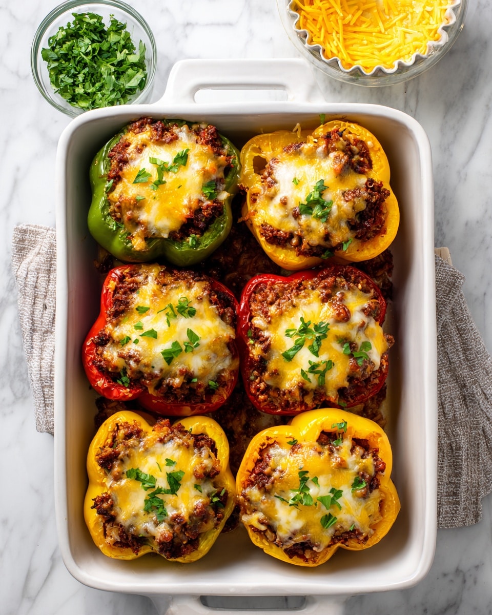 In a white rectangular baking dish on a white marbled surface, six bell pepper halves act as colorful cups for the filling. The peppers include two green, two yellow, and two red halves. Each is filled with a browned meat and rice mixture topped with melted, golden cheese that stretches slightly over the edges. Small green herb pieces are sprinkled on top, adding a fresh contrast. In the background, there is a small glass bowl filled with chopped green herbs and a yellow scalloped dish with more melted cheese. The overall look is warm and inviting with the textured, baked cheese layer shining. Photo taken with an iphone --ar 4:5 --v 7