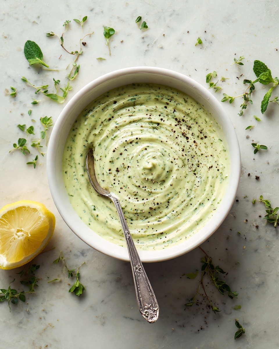 A white bowl filled with a creamy light green sauce that has small dark green specks mixed in, giving it a textured look. The sauce is swirled smoothly with a small peak in the center, sprinkled lightly with coarse black pepper. A silver spoon with a detailed handle stands in the bowl. The bowl sits on a white marbled surface with scattered small green herb leaves and half a lemon with a rough textured peel on the side. The photo taken with an iphone --ar 4:5 --v 7