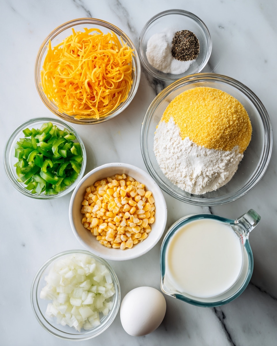 The image shows various clear glass bowls and a white bowl arranged on a white marbled surface. Starting from the top right, there is a clear glass bowl with three piles: bright yellow cornmeal, white flour, and a small pile of black pepper. To the left, there is another clear glass bowl filled with shredded bright orange cheese. Below these, a larger clear glass bowl contains light yellow corn kernels. To the bottom left, a white bowl holds chopped bright green bell peppers, diced white onions, and a small heap of minced garlic in the center. Beside this bowl, a single white egg is placed on the white marbled surface. On the bottom right, a glass measuring cup is filled with white milk. The items are neatly spaced and the light is bright and even, showing clear textures and colors. Photo taken with an iphone --ar 4:5 --v 7