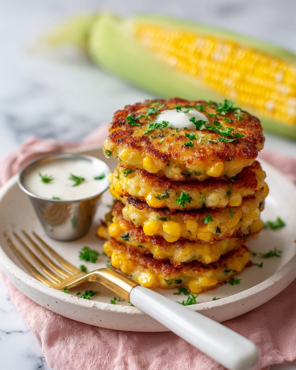 A stack of four golden corn fritters with crispy edges and bits of corn visible throughout sits centered on a round white plate, sprinkled with fresh chopped green herbs on top. To the upper left of the fritters, a small silver cup holds a smooth white dipping sauce, with a cob of yellow corn blurred in the background. A white fork with a gold handle rests beside the plate on a soft pink cloth, all placed on a white marbled surface. photo taken with an iphone --ar 4:5 --v 7