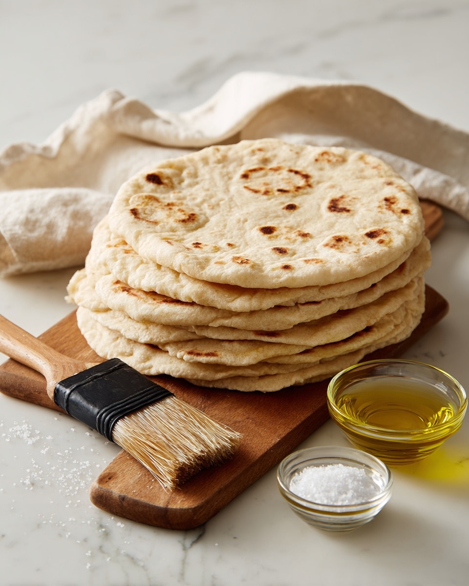 A stack of about ten round flatbreads with a soft, light beige color sits on a wooden cutting board placed on a white marbled surface. In front of the stack lies a black-handled pastry brush with natural bristles. To the left of the flatbreads is a small clear glass bowl filled with white salt, and to the right is another small clear glass bowl containing light golden olive oil. A pale cream cloth is casually placed in the background. Photo taken with an iphone --ar 4:5 --v 7