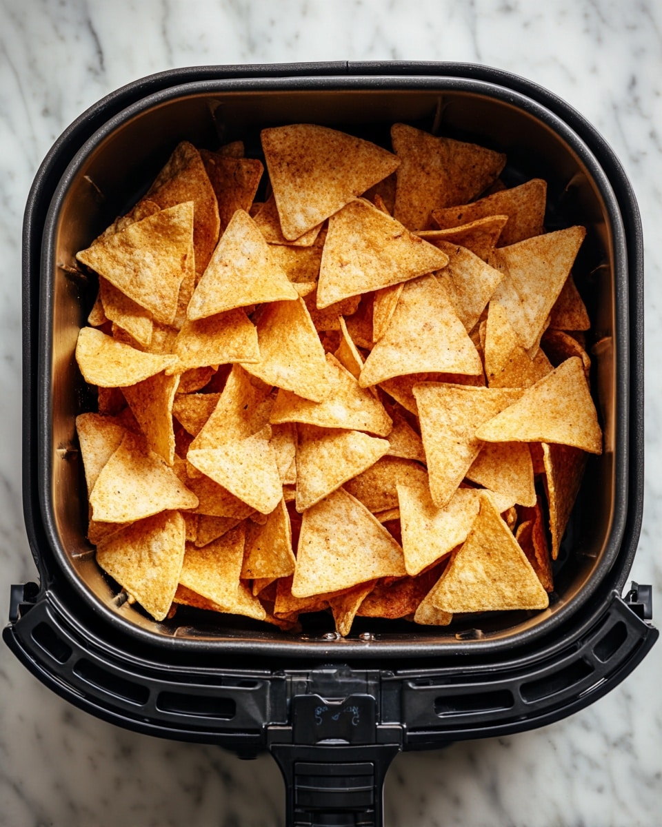 Inside a black air fryer basket, many triangular tortilla chips are layered evenly, showing a light brown color with some darker spots of crispiness. The chips are arranged in a loose, slight overlapping way filling the basket. The air fryer is placed on a white marbled surface. The image captures a clear view from above of the chips and the basket edge with a woman’s hand holding the basket handle slightly visible. photo taken with an iphone --ar 4:5 --v 7