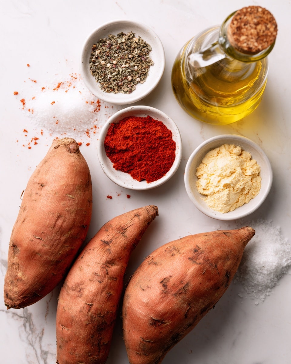 Two whole raw sweet potatoes with rough brown skin lay side by side on a white marbled surface. Above them, from left to right, are four small white bowls: one with a coarse black and white spice mixture, one filled with white salt, one containing bright red paprika powder, and one with pale yellow garlic powder. To the upper right, there is a clear glass bottle of golden olive oil with a cork stopper. The layout is clean and simple with all items resting on the white marbled background. Photo taken with an iphone --ar 4:5 --v 7
