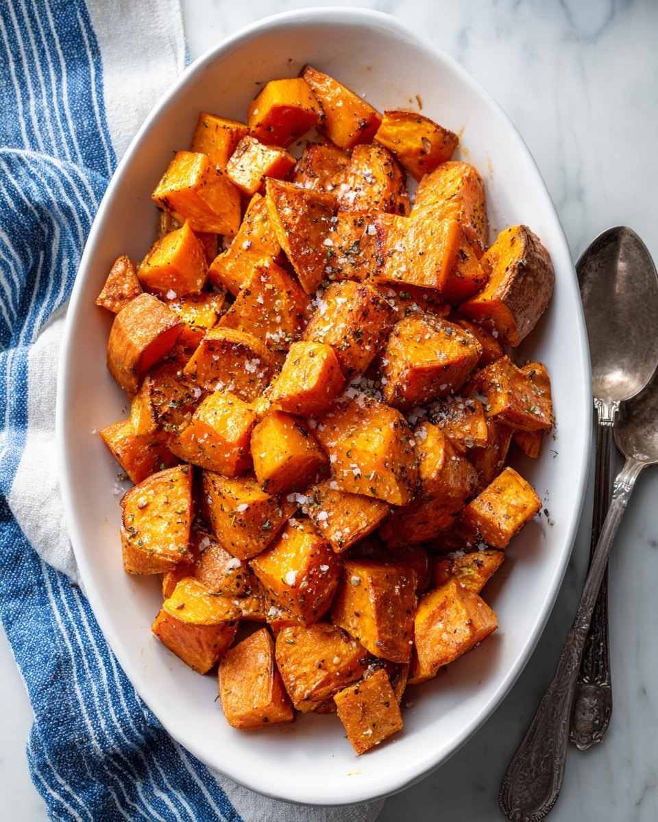 The image shows an oval white bowl filled with orange roasted sweet potato cubes. The cubes are unevenly cut, with some sides slightly browned and crispy, and they are sprinkled with coarse sea salt and finely ground black pepper. The bowl sits on a white marbled surface with a blue and white striped cloth partially visible on the left side and a vintage silver spoon on the right. The lighting highlights the rich orange color and texture of the sweet potatoes. photo taken with an iphone --ar 4:5 --v 7