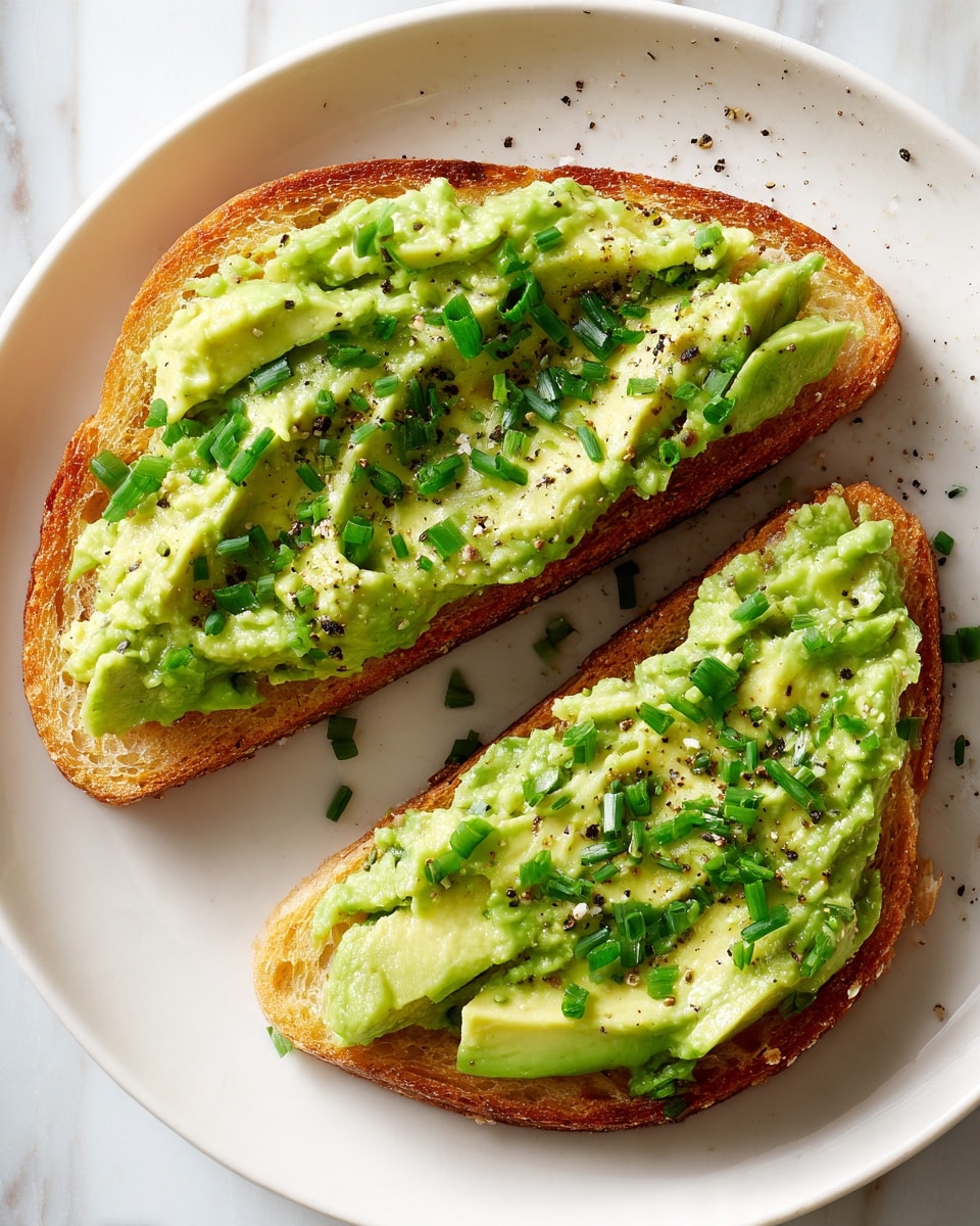 Two slices of golden toasted bread are placed on a white plate on a white marbled surface. Each slice has a thick layer of mashed avocado spread evenly on top, showing a light green and slightly chunky texture mixed with bits of white. Small pieces of chopped fresh green chives are sprinkled on the avocado, adding pops of bright green color. Cracks of black pepper dot the mashed avocado, adding texture and contrast. The close-up photo highlights the creamy and fresh look of the avocado toast. Photo taken with an iphone --ar 4:5 --v 7