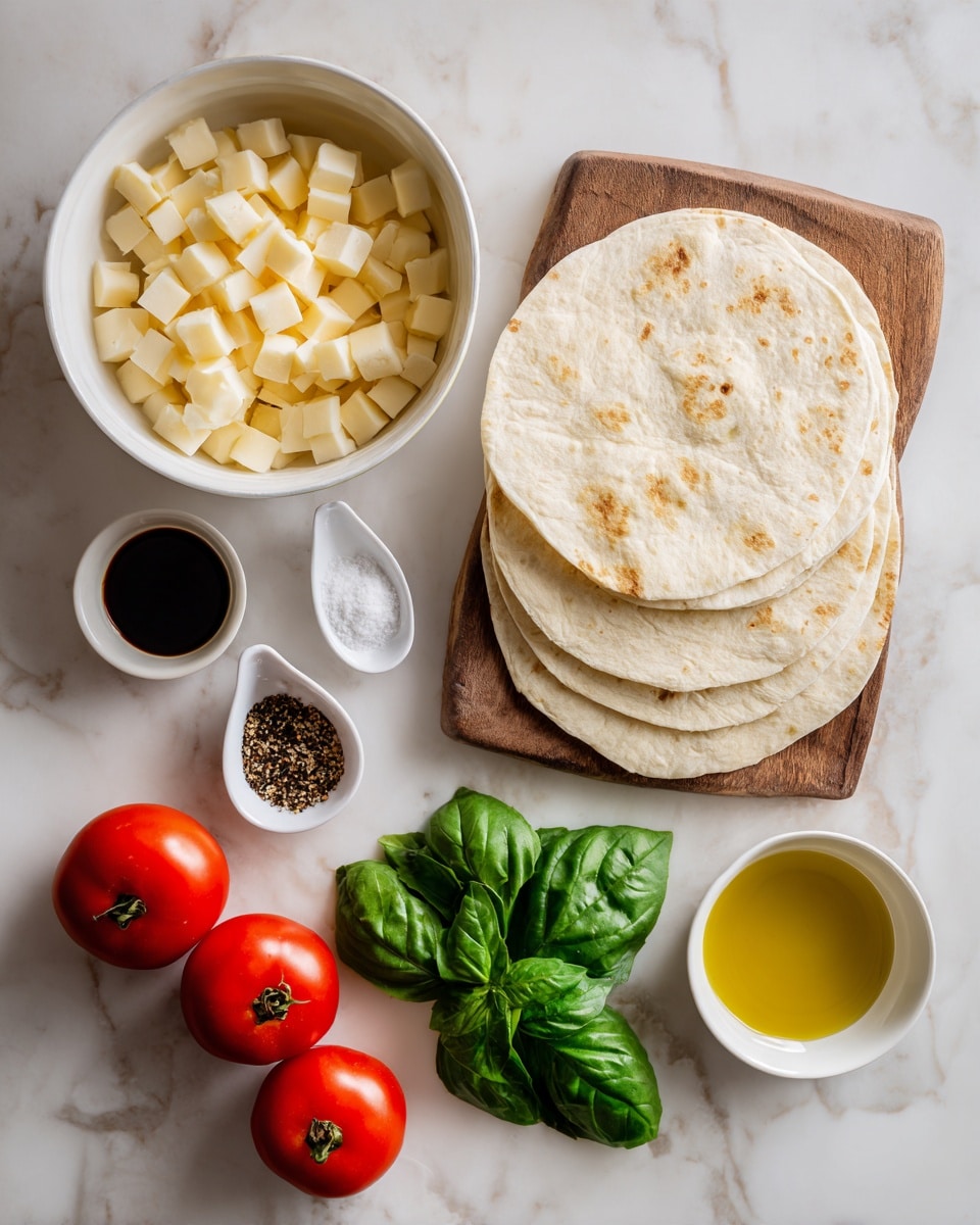 The image shows a white marbled surface with several cooking ingredients neatly arranged. On the left, there is a white bowl full of small yellow cheese cubes. Below the bowl, fresh green basil leaves rest on the surface. To the right of the basil, three round, light beige dough circles are stacked on a small wooden board. Close to these, there are three whole, shiny red tomatoes. Above the dough, three small white spoons hold different items: black pepper, salt, and dark brown balsamic vinegar in a small puddle. Finally, a small white bowl filled with golden olive oil completes the setup. Photo taken with an iphone --ar 4:5 --v 7