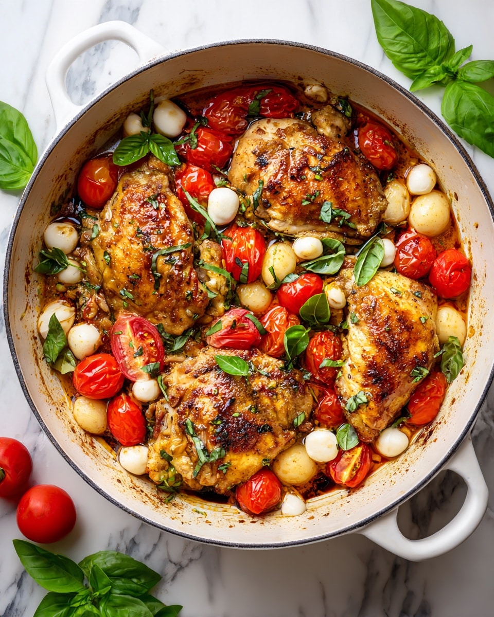A large white pot filled with four pieces of cooked chicken, each golden brown with grill marks, sitting on a bed of bright red cherry tomato halves. Scattered over the chicken and tomatoes are small round white cheese balls and fresh green basil leaves, adding pops of white and green. The dish is lightly drizzled with a dark balsamic glaze. The pot is on a white marbled surface, with some cherry tomatoes and green basil leaves placed around it. photo taken with an iphone --ar 4:5 --v 7