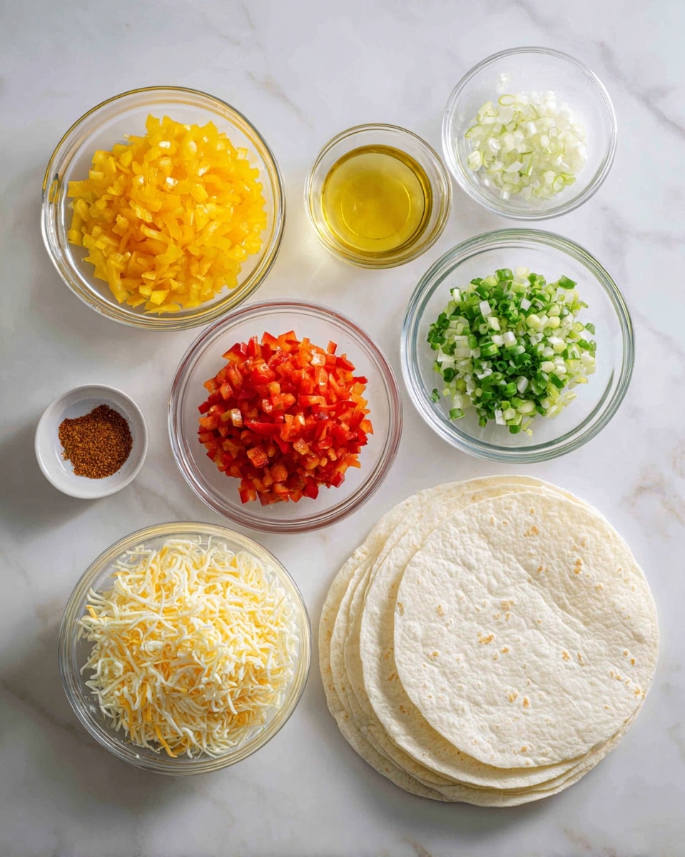 The image shows six clear glass bowls and three white tortillas arranged on a white marbled surface. From the top left, one bowl holds bright yellow chopped bell peppers, next to it on the right is a small bowl with a clear liquid, likely oil, and further right another small bowl contains finely chopped green onions. Below those, a bowl with red chopped bell peppers sits to the left of a bowl with finely chopped white onions, and a very small bowl with reddish-brown seasoning powder is next to the right. At the bottom, there is a larger bowl filled with a mix of shredded yellow and white cheese. The three white tortillas are placed to the right side in a slightly overlapping stack. photo taken with an iphone --ar 4:5 --v 7
