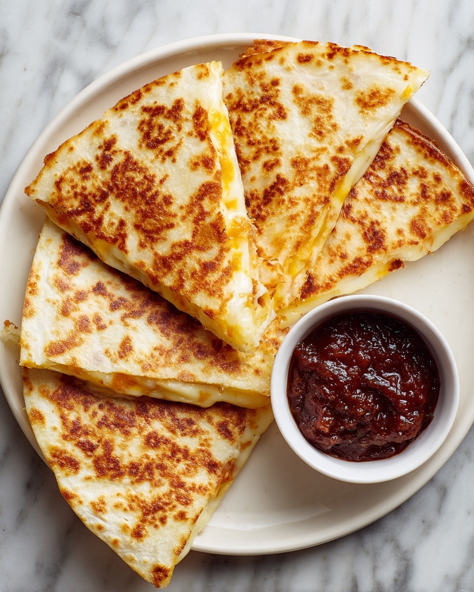 Four triangular quesadilla slices with a golden brown crispy outer layer sit neatly on a white plate, each piece showing melted cheese peeking slightly from the edges. The quesadillas have a lightly toasted texture with darker spots, indicating a perfect cook. On the lower right side, a small white bowl holds a chunky dark red salsa. The whole scene is set on a white marbled surface. Photo taken with an iphone --ar 4:5 --v 7