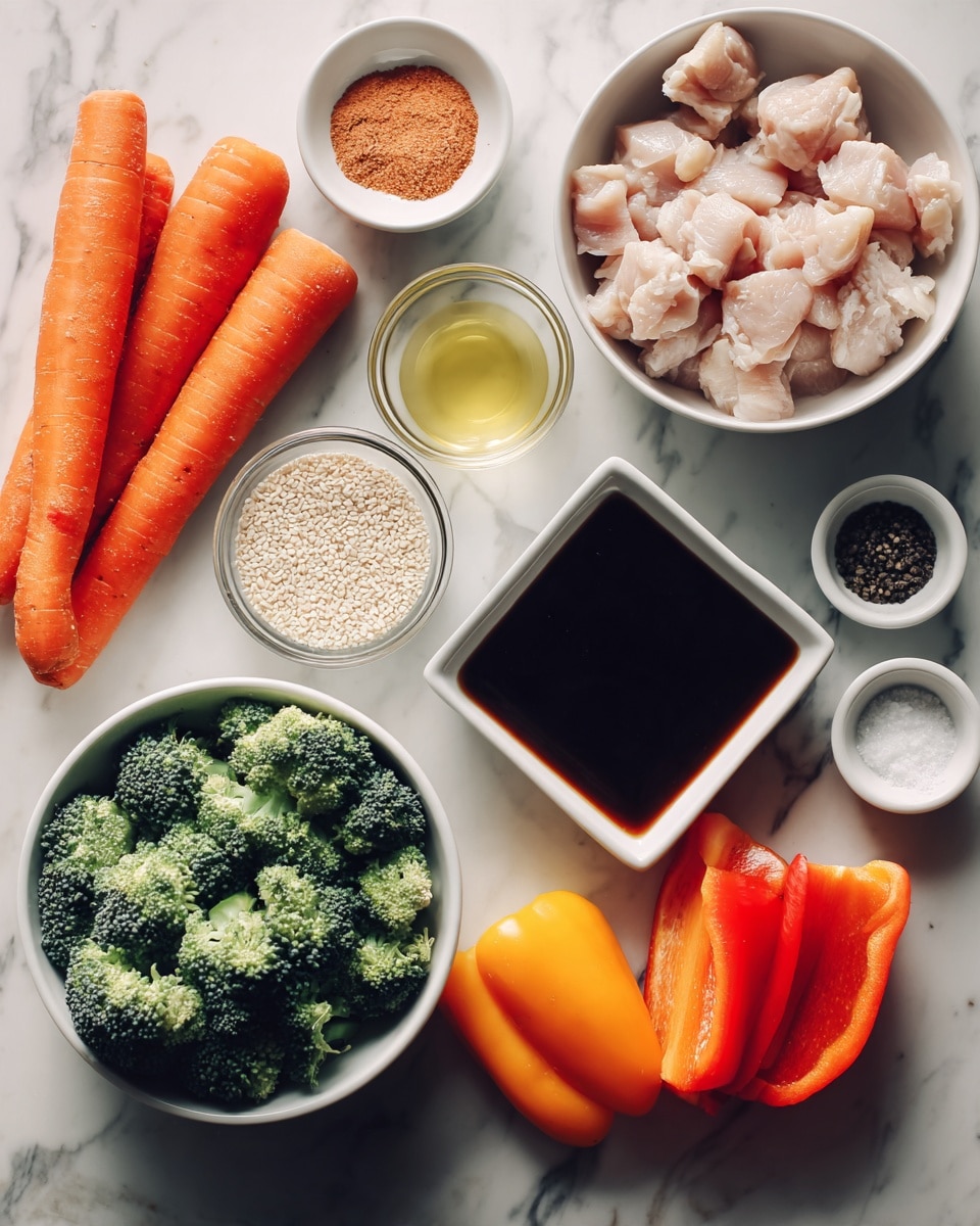 The image shows a table with ingredients for a meal, placed on a white marbled surface. There are three whole orange carrots lying close together on the top left. To their right, a small round white bowl holds a light brown powder. Below the carrots, a white bowl contains diced raw chicken pieces with a pale pink color. Next to the chicken is a small clear bowl with some minced garlic. Near the center, a small clear bowl of light yellow oil sits beside a white bowl filled with light sesame seeds. Above the sesame, a square white dish holds a thick dark brown sauce. Nearby, a white round bowl is filled with bright green broccoli florets. To the right at the bottom, two brightly colored bell peppers, one yellow and one orange-red, are placed side by side. Small white dishes hold coarse salt and black pepper, and light-colored vinegar or sauce are also present in small bowls. photo taken with an iphone --ar 4:5 --v 7