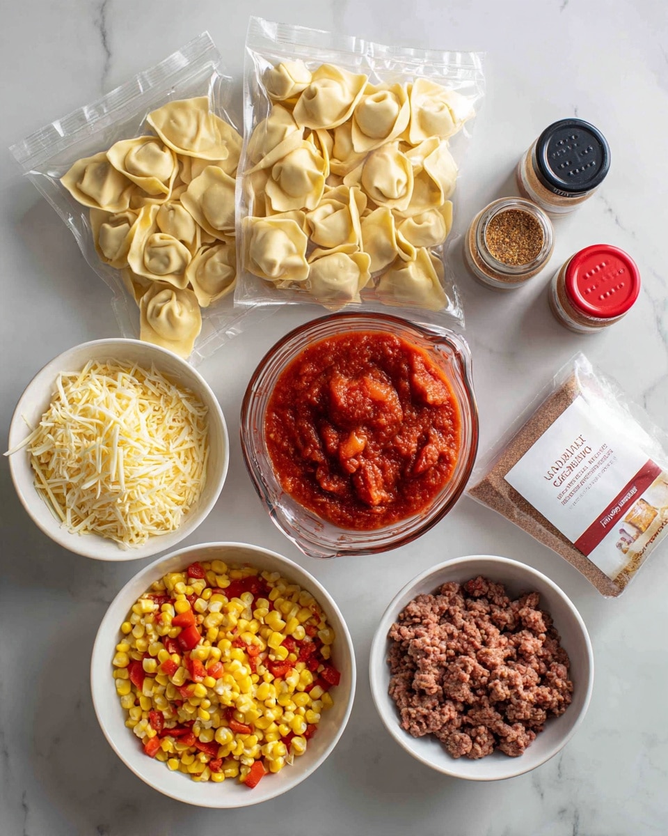 The image shows several cooking ingredients arranged neatly on a white marbled surface. At the back, there are two clear plastic packs of cheese tortelloni pasta with light beige pasta visible inside. In the center, there is a clear glass measuring cup filled with chunky red tomato sauce. To the right of the sauce, there are two spice jars, one with chili powder in a red lid and the other with ground cumin in a black lid. A white bowl at the front left contains shredded yellow and white cheese, while another white bowl at the front right holds cooked yellow corn mixed with small pieces of red pepper. A wrapped package of ground beef in white paper with red text is placed horizontally at the bottom right. Photo taken with an iphone --ar 4:5 --v 7