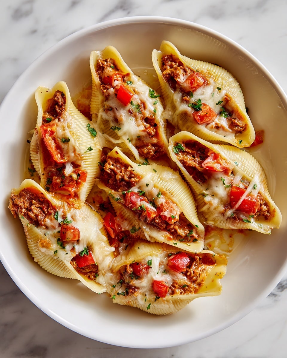 The image shows a close-up of a plate filled with large pasta shells stuffed with a brown meat filling, topped with melted light yellow cheese and small chunks of bright red tomatoes. The shells are creamy beige with a slightly shiny texture, and the cheese looks soft and slightly browned in spots. The red tomato pieces add a fresh contrast, scattered evenly over the top. The dish rests on a white plate placed on a white marbled surface. photo taken with an iphone --ar 4:5 --v 7