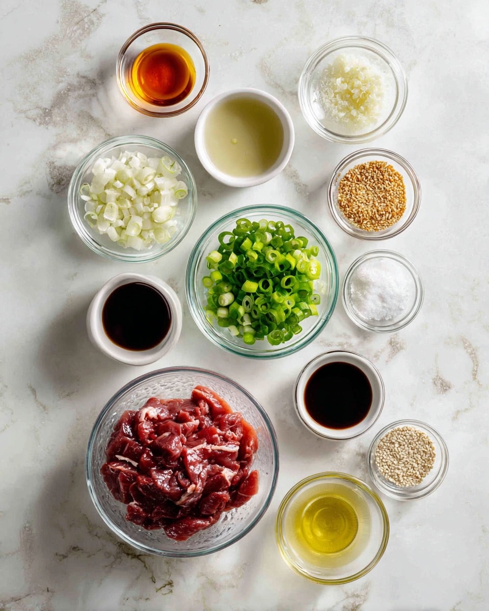 The image shows a white marbled surface with several small white and clear glass bowls arranged in a loose grid pattern holding various ingredients. In the lower part of the image, there is a large clear glass bowl filled with neatly layered raw red meat slices. Around it, the bowls contain chopped green onions with vibrant green pieces, minced garlic and ginger in pale yellow, light brown sugar with a crumbly texture, black pepper, white salt, sesame seeds, and several liquids including a dark soy sauce, a golden honey-like syrup, a translucent light yellow liquid, a clear liquid, and a small amount of white liquid. The overall arrangement is clean and organized, giving a clear view of each ingredient. photo taken with an iphone --ar 4:5 --v 7