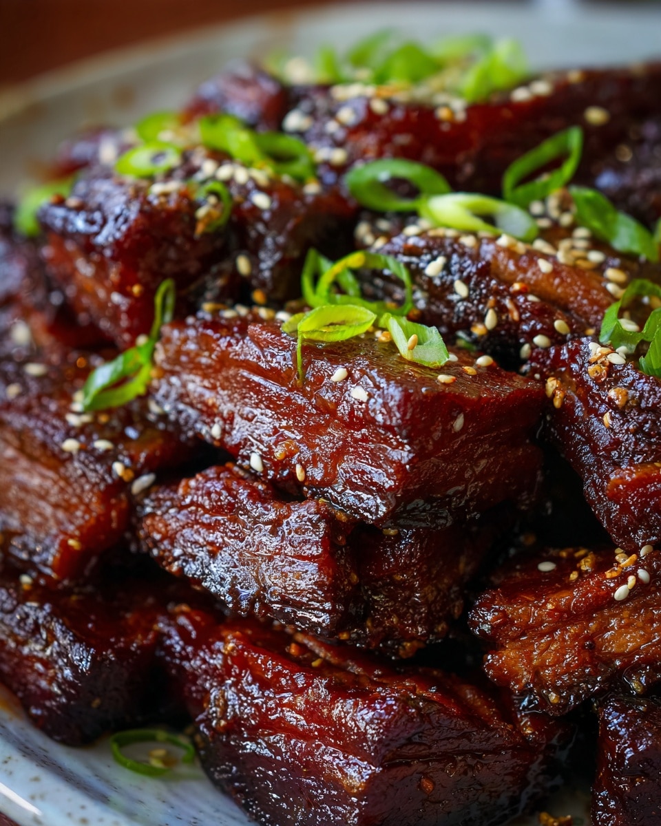 The image shows a close-up view of many thick slices of dark brown cooked meat stacked closely together. The meat pieces have a shiny, slightly oily surface with a rich glaze. They are sprinkled with small white sesame seeds and small pieces of chopped green onion, which add a fresh green contrast. The textures of the meat vary, with some parts smooth and others more fibrous. The dish appears warm and well-seasoned. The background is a white marbled texture. photo taken with an iphone --ar 4:5 --v 7