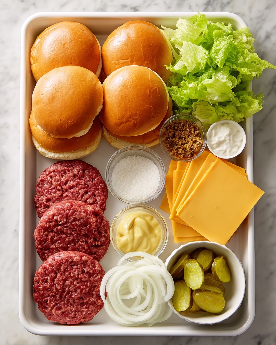 A white rectangular tray holds all the burger ingredients arranged neatly: four golden brown burger buns stacked together on the top left, next to crisp green lettuce leaves on the top right. Below the buns, there are four raw red burger patties on the bottom left. To the right of the patties are small white bowls containing white salt, yellow mustard, and a grainy brown sauce. In the middle of the tray, there are several bright orange slices of cheese stacked neatly above thin white onion rings layered along the bottom right edge. Next to the cheese is a small bowl filled with light green pickle slices. The tray is placed on a white marbled surface photo taken with an iphone --ar 4:5 --v 7