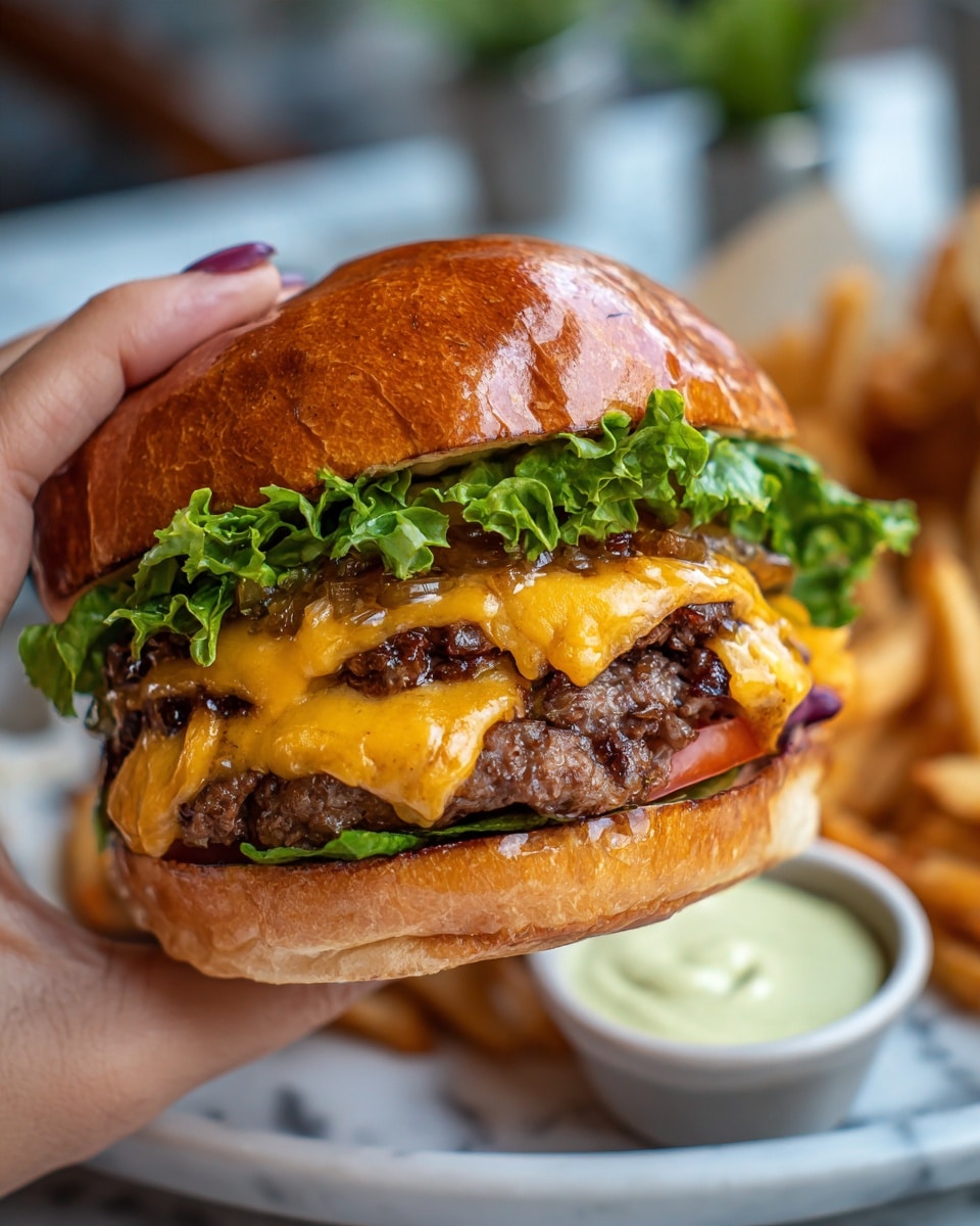A close-up view of a cheeseburger held by a woman's hand, showing five layers: shiny golden brown top bun with a light spread of sauce underneath, grilled onions layered beneath melted bright orange cheddar cheese, two thick juicy beef patties, fresh green lettuce and a red tomato slice at the bottom, all resting on a soft golden toasted bottom bun. In the background, there is a round white plate with crispy golden fries and a small dish of light green creamy sauce on a white marbled surface. photo taken with an iphone --ar 4:5 --v 7
