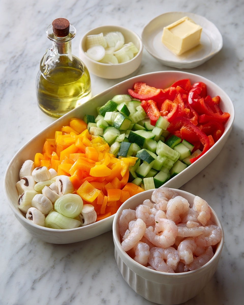 The image shows two white bowls on a white marbled surface. The larger oval bowl contains four sections of vegetables: chopped cucumber pieces in green, diced yellow bell pepper, chopped red bell pepper, and sliced white mushrooms, each group neatly arranged side by side. Next to it is a smaller white round bowl holding raw meat pieces in pink and peeled shrimp in a light gray tone. To the left of the bowls is a clear bottle of sesame oil with a brown cap. A small block of butter is placed near the top of the bowls. photo taken with an iphone --ar 4:5 --v 7