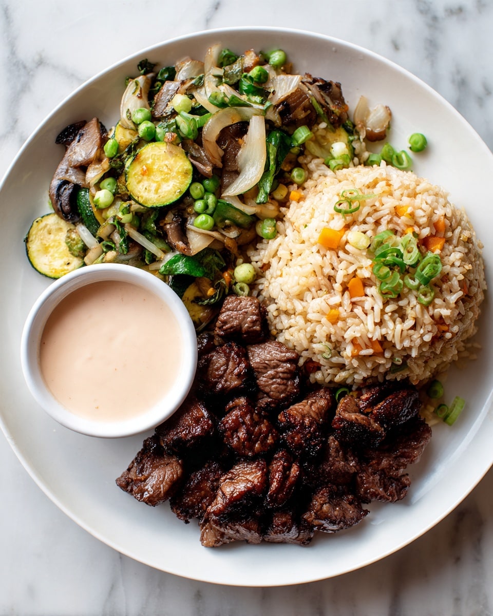 A white plate holds three main parts: at the bottom are small, dark brown chunks of cooked meat with a slightly crispy outside texture; on the left side are mixed cooked vegetables including dark brown sliced mushrooms, light green pieces of zucchini, and pale strips of onion; at the top right is a round mound of light brown fried rice mixed with small peas and orange carrot bits; next to the rice is a small white bowl filled with creamy light pink sauce. The plate sits on a white marbled surface. photo taken with an iphone --ar 4:5 --v 7