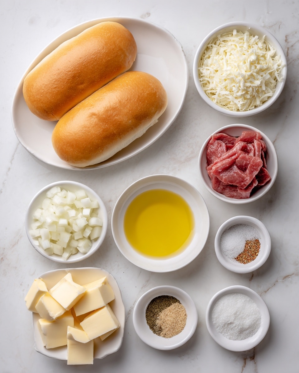 The image shows several ingredients neatly arranged on a white marbled surface. On the left, there is a white oval plate holding two golden brown sandwich rolls with a soft texture. Around it, there are small white bowls filled with various ingredients: finely chopped white onions, sliced pale yellow cheese arranged in a neat stack, bright yellow olive oil, small cubes of pale yellow butter, and thin slices of raw red meat in a bowl. In between these, there are tiny bowls containing coarse white salt, ground black pepper, and light brown garlic powder. Everything is placed symmetrically and brightly lit to show the colors and textures clearly. Photo taken with an iphone --ar 4:5 --v 7