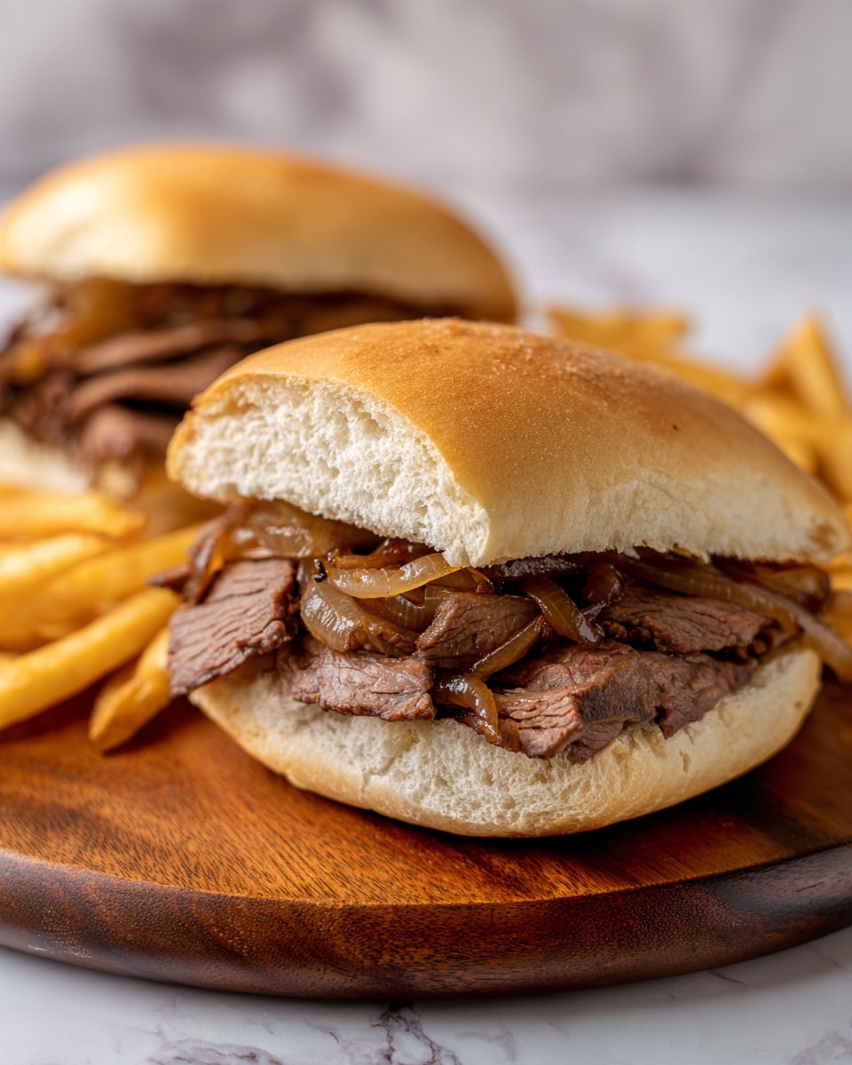 The image shows a close-up of two soft sandwich rolls stuffed with layers of thin sliced brown cooked beef and caramelized onions. The sandwich is placed on a round wooden board, with some golden French fries next to it. The rolls have a light golden crust, and the inside reveals juicy, tender meat mixed with the translucent, cooked onions. The background is a white marbled texture. Photo taken with an iphone --ar 4:5 --v 7