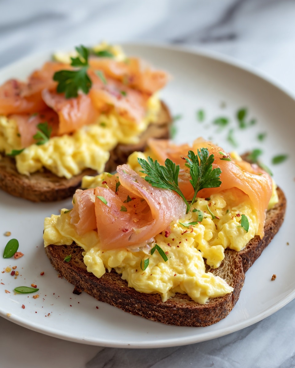 The image shows two slices of toasted brown bread, placed side by side on a white plate. Each slice is topped with a thick layer of yellow scrambled eggs, soft and slightly creamy in texture. On top of the eggs, there are thin, translucent slices of pink smoked salmon arranged in gentle curls. Small green herbs are sprinkled around, with a sprig of fresh parsley on top for garnish. The plate sits on a white marbled surface. Photo taken with an iphone --ar 4:5 --v 7