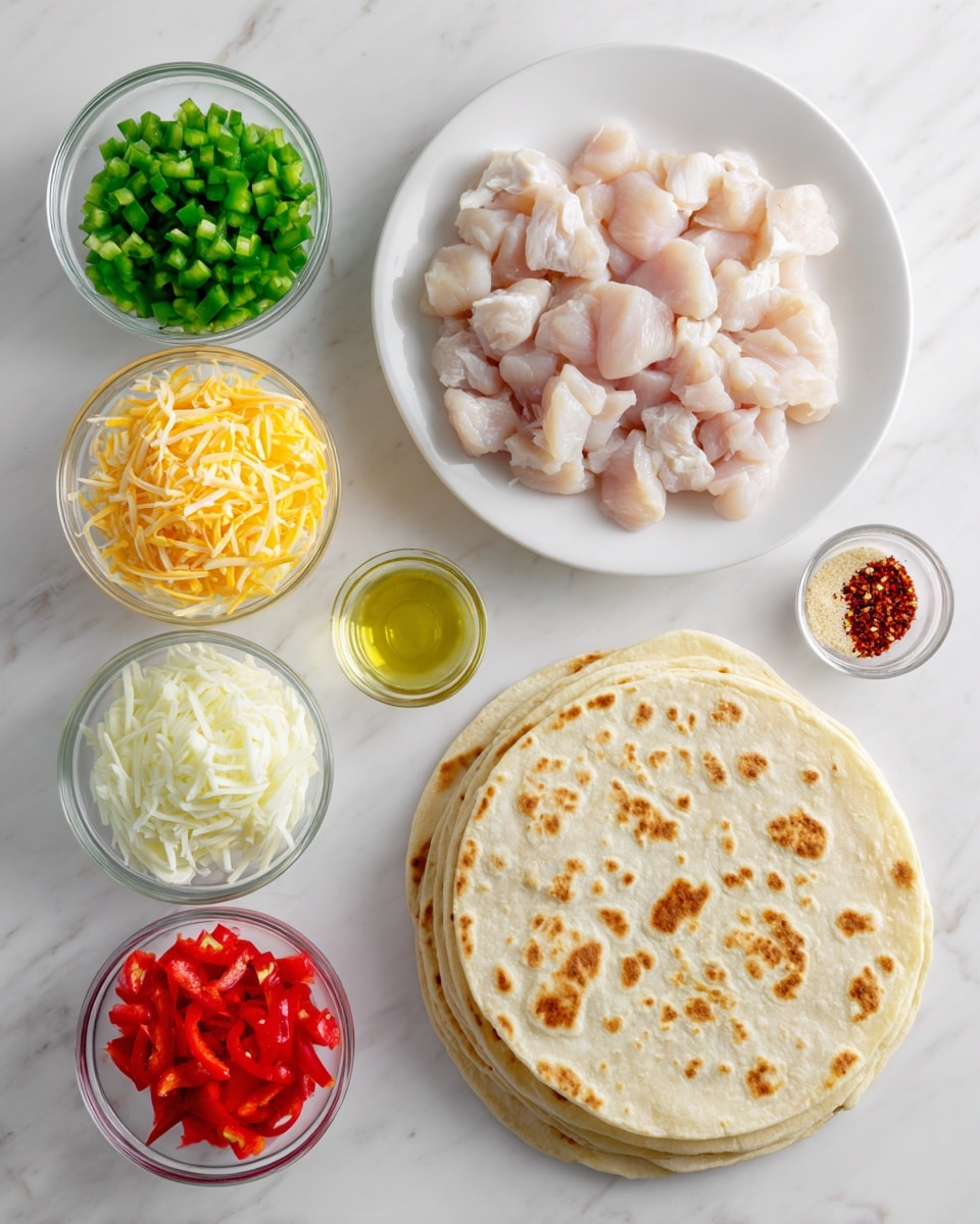 The image shows ingredients neatly arranged on a white marbled surface. On the right, there is a stack of plain tortillas with a light brown toasted pattern. Next to the tortillas is a white plate filled with small pieces of raw light pink chicken. Surrounding these are seven small clear bowls: one with bright green chopped bell peppers, one with finely chopped white onions, one with shredded sharp yellow cheddar cheese, one with shredded white cheese, one with chopped red bell peppers, one with a small amount of reddish seasoning flakes, and one with a light brown powder. There is also a small clear cup of light yellow oil. All items are displayed with clear, fresh colors and soft natural light. photo taken with an iphone --ar 4:5 --v 7