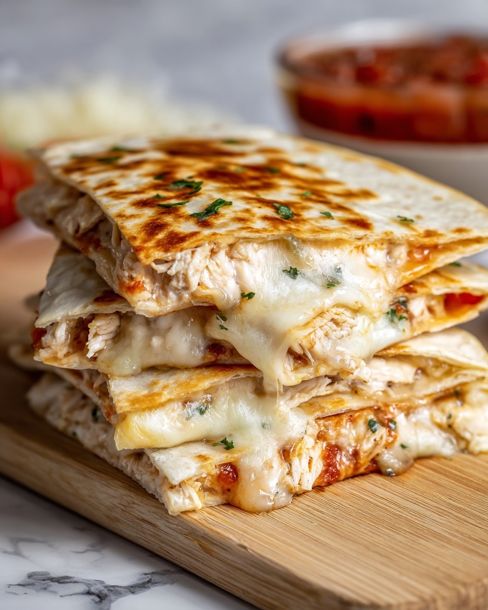 A stack of three golden-brown, grilled quesadilla triangles filled with layers of melted white and light orange cheese and pieces of cooked chicken inside soft, toasted white tortillas. The cheese stretches slightly between the folded layers, showing gooey texture. The stack is on a light wooden board with a blurred bowl of red salsa and other food items in the white marbled background. photo taken with an iphone --ar 4:5 --v 7