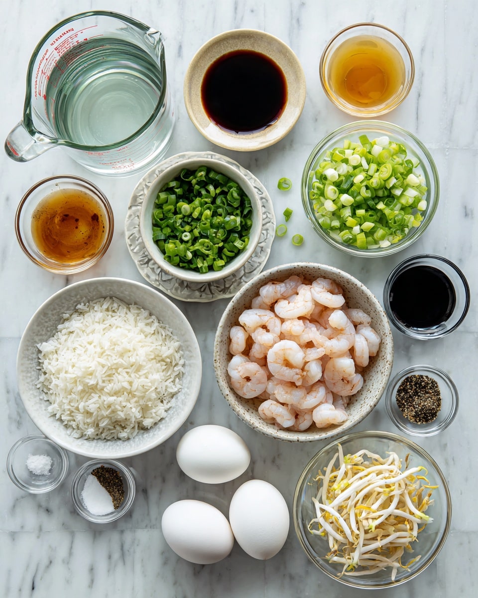 A top view of cooking ingredients neatly arranged on a white marbled surface, including a large glass measuring cup with water on the left, two small bowls of light brown and dark brown sauces above and below it; a bowl of chopped green onions and a bowl of white chopped onions on the top right; a medium bowl filled with peeled pink shrimp in the center; a bowl of white rice below the onions; a bowl of bean sprouts next to the dark sauce; two white eggs in a clear bowl near the rice; and three very small clear bowls with salt, black pepper, and light cooking oil scattered around. photo taken with an iphone --ar 4:5 --v 7