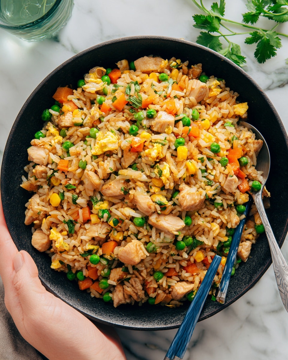 A close-up of a dark bowl filled with fried rice on a white marbled surface. The fried rice has several layers of golden-brown cooked rice mixed evenly with colorful small cubes of yellow corn, orange carrots, green peas, and light beige chicken pieces. Some scrambled egg bits are scattered through the rice, adding a soft yellow texture. A silver spoon rests inside the bowl on the right side. Next to the bowl are blue chopsticks on a white rest. In the background, there is a small clear green glass filled with water and some green cilantro leaves scattered around. photo taken with an iphone --ar 4:5 --v 7