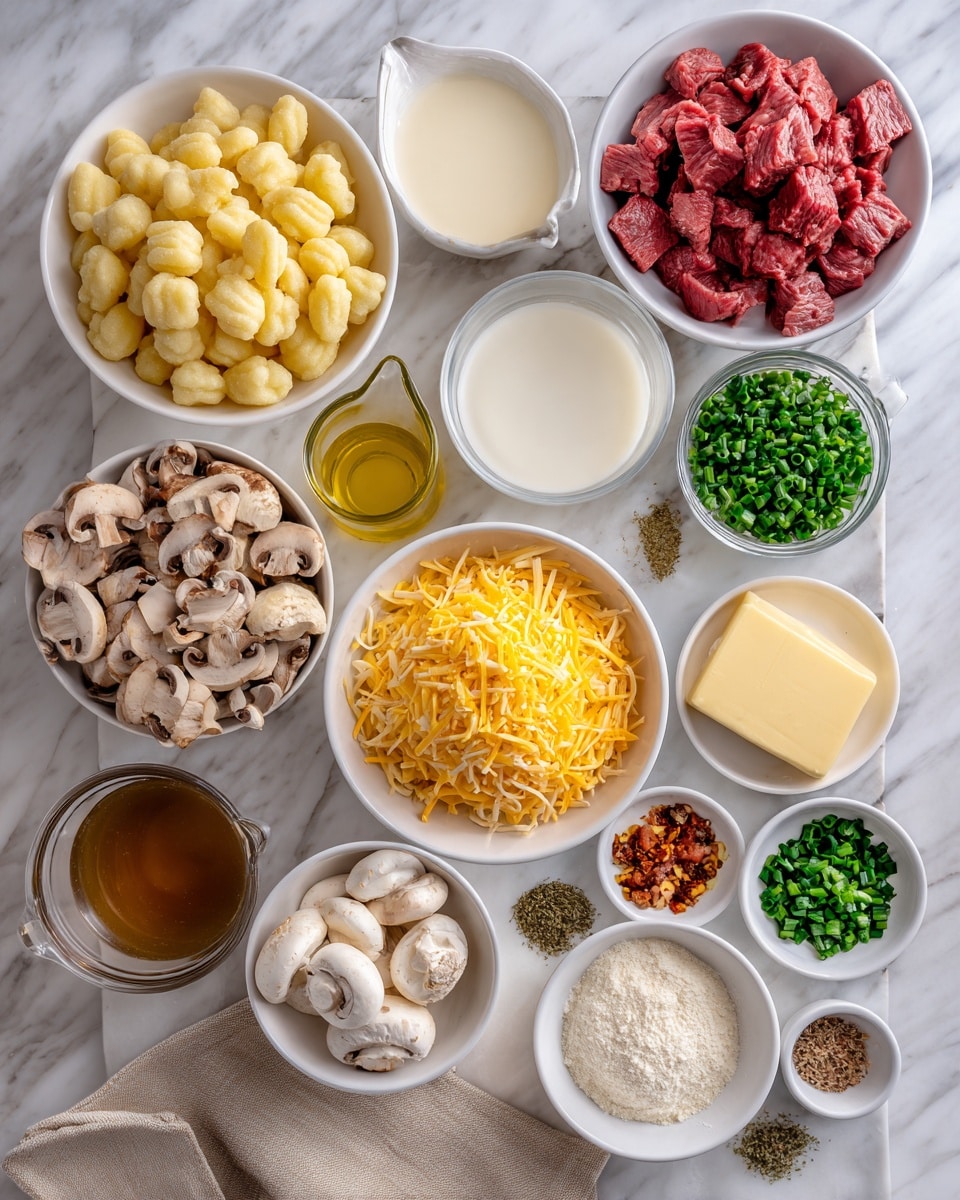 The image shows an overhead view of white bowls and glass measuring cups arranged neatly on a white marbled surface, each filled with different ingredients. From top left, there is a white bowl of small pale yellow gnocchi, next to a white bowl filled with red raw beef cubes. Below the beef is a small glass cup of golden oil, beside a white bowl filled with sliced white and brown mushrooms. Below the mushrooms is a glass measuring cup of brown broth, and next to it is a glass measuring cup of pale milk. In the center, a white bowl contains bright orange shredded cheddar cheese. To the left, a white bowl holds crispy small bacon pieces, under it is a white bowl of white sour cream, next to it is a white bowl of chopped green chives. Below the chives is a small mound of light flour on the white marble surface, next to it is a square of pale yellow butter and a beige cloth napkin. Near the bottom middle is a white bowl filled with small diced white onions, and near the center are small piles of minced garlic, dried herbs, and mixed spices, all on the marbled surface. photo taken with an iphone --ar 4:5 --v 7