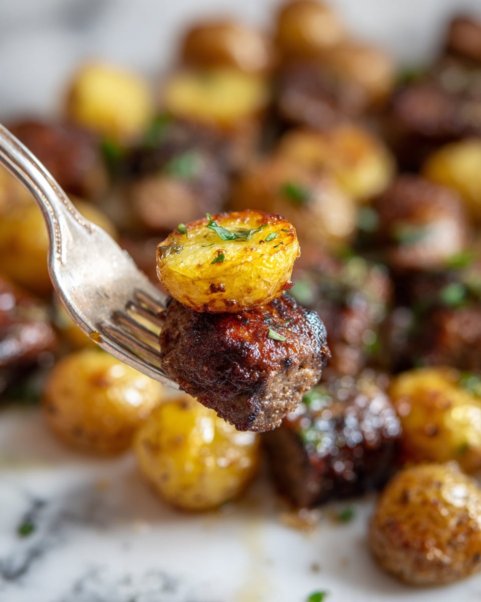 A close-up view of a silver fork holding a bite with three layers: a golden brown, slightly crispy small potato on top, a piece of dark brown, grilled meat in the middle with a textured surface, and another golden brown small potato at the bottom. The background shows many similar browned, crispy small potatoes and pieces of grilled dark brown meat with hints of green herbs sprinkled throughout. The whole scene is set on a white marbled surface. photo taken with an iphone --ar 4:5 --v 7