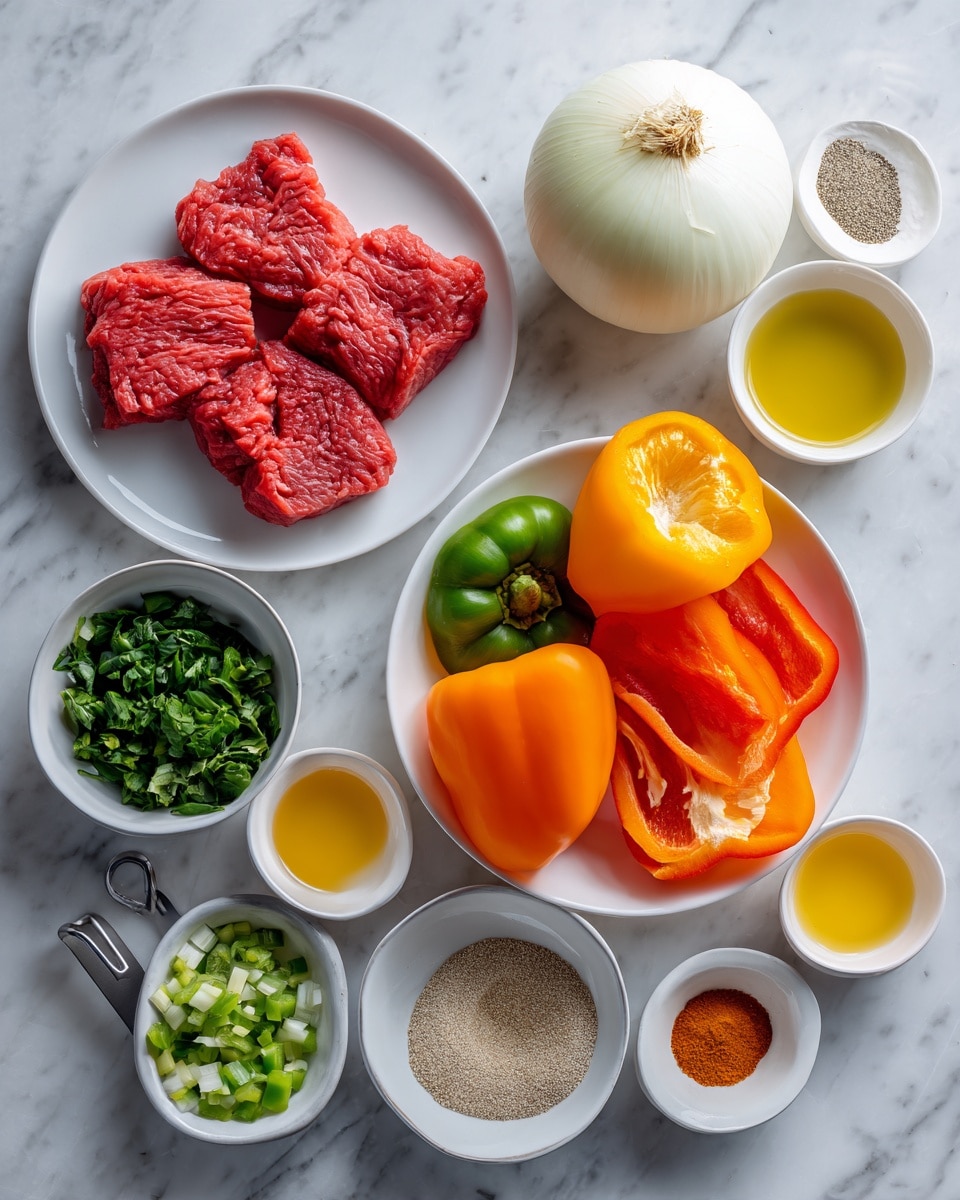 The image shows a collection of fresh and colorful ingredients neatly arranged on a white marbled surface. On the left, there is a white plate with three raw red meat slices stacked on top of each other. Below that, a white bowl holds a halved white onion. To the right of the onion, a white plate holds a group of bell peppers, including a whole orange and red pepper and several orange and green pepper slices. Around these larger plates, small white bowls and metal measuring cups contain diced green peppers, chopped leafy herbs, minced garlic, olive oil, lemon juice, a yellow liquid, and a few different ground spices in various shades of brown, red, and beige. The colors are bright, and the setup looks clean and ready for cooking. Photo taken with an iphone --ar 4:5 --v 7