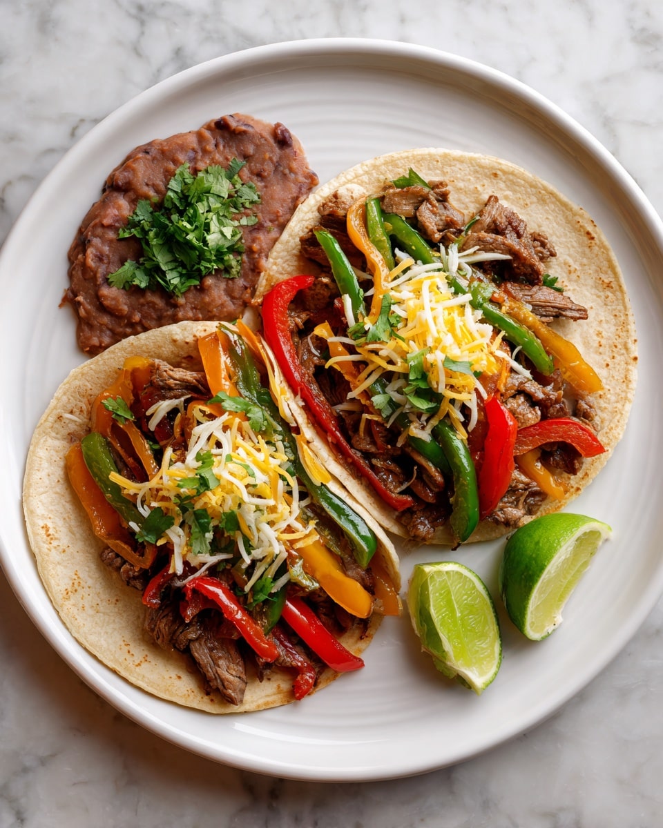 Two soft tortillas lie flat on a white plate, each topped with a layer of cooked beef strips mixed with sautéed red, green, and orange bell peppers and translucent onion slices. On top of the beef and vegetables is a layer of shredded yellow and white cheese, crowned with fresh green cilantro leaves. To the upper left side of the plate, there is a dollop of brown refried beans garnished with cilantro, and next to it, a small wedge of bright green lime. The plate rests on a white marbled surface. photo taken with an iphone --ar 4:5 --v 7